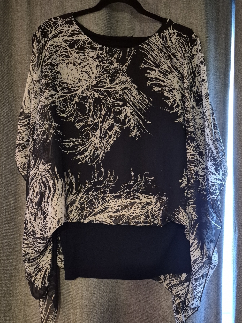 Black and White Patterned Chiffon Overlay Blouse - Womens